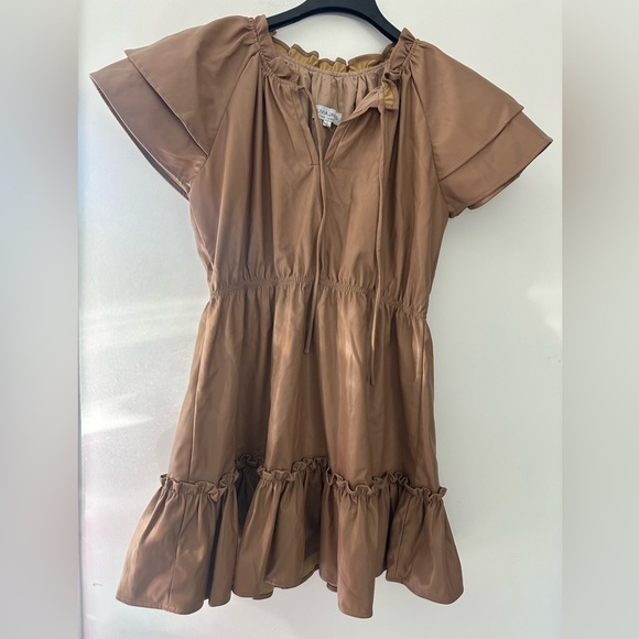 Chic Tan Ruffle Mini Dress - Picture 2 of 7